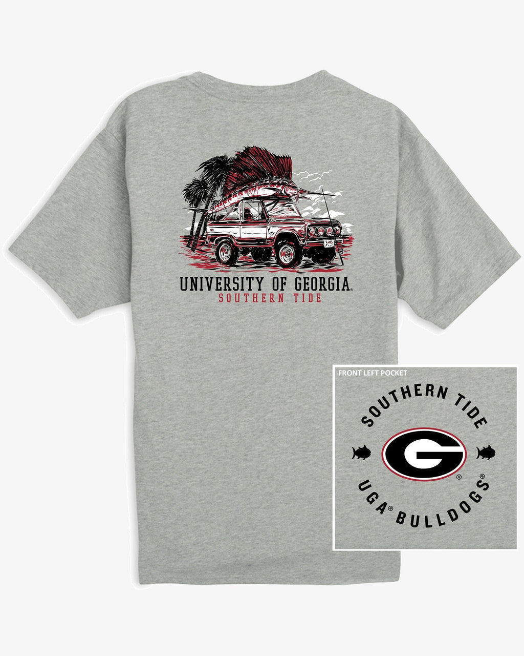The back view of the Georgia Oval G Bulldogs Trophy Catch Heather T-Shirt by Southern Tide - Heather Grey