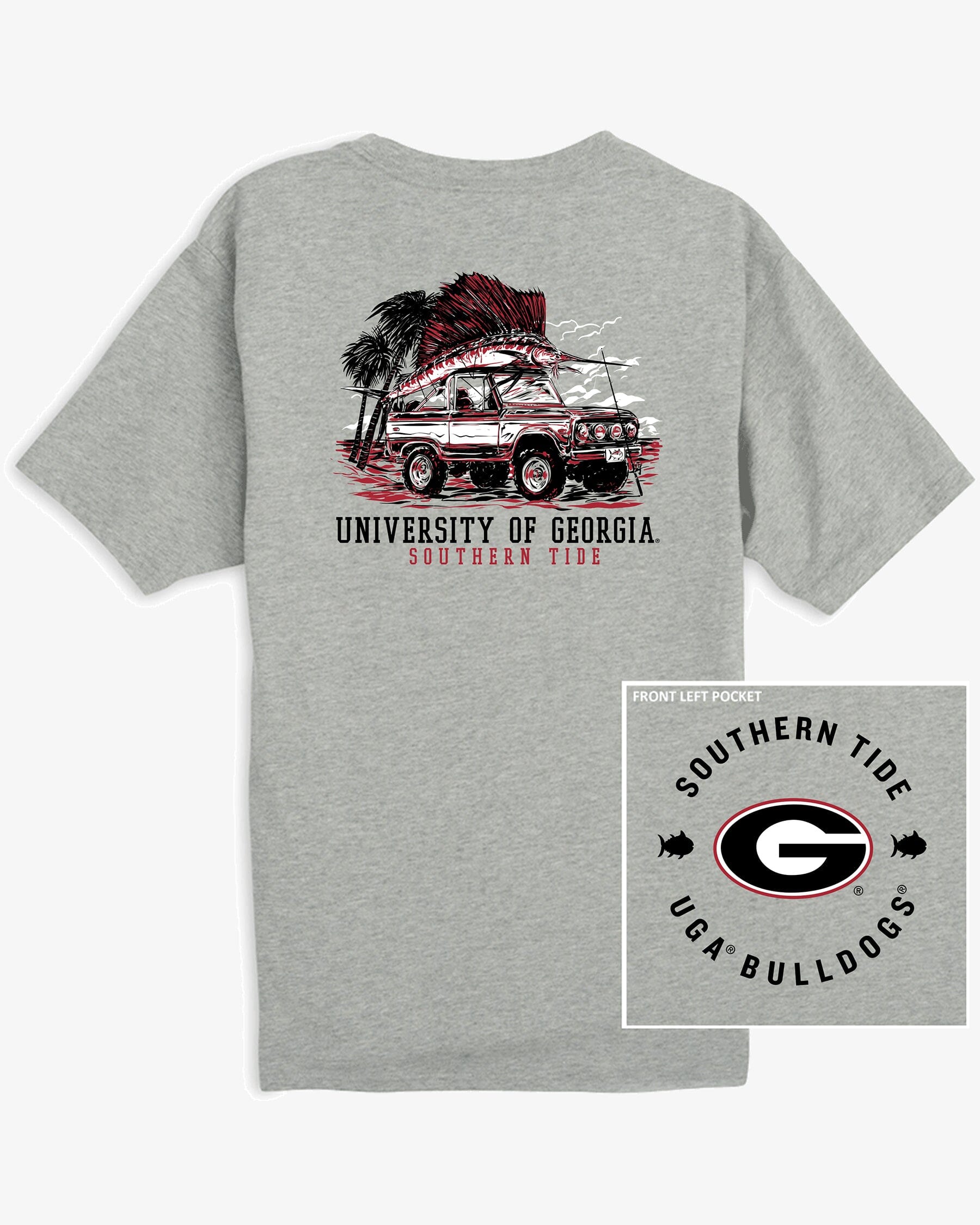 The back view of the Georgia Oval G Bulldogs Trophy Catch Heather T-Shirt by Southern Tide - Heather Grey